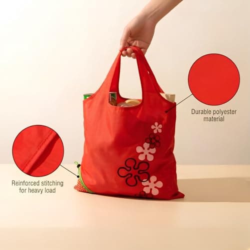 Cosiesnest 4 Pack Strawberry Foldable Shopping Bags with Fruit Patterns, Portable Reusable Tote Bags for Grocery, Travel, Beach, Gym & Everyday Use, Lightweight & Durable (Style 2) — view 5