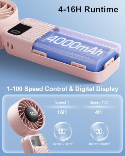 KinYiLO Portable Handheld Fan with 4000mAh Battery – 100-Speed Rechargeable Personal Cooling Fan, 16-Hour Runtime, 3-in-1 Desk & Handheld & Tilt Fan, Ultra-Quiet for Travel Beach Office, (Pink) — view 6