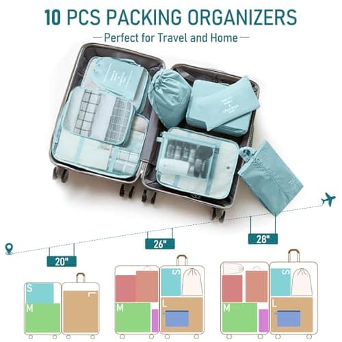 10 pcs Packing Cubes for Suitcases, Travel Organiser Packing Bags for Clothes Shoes Toiletries Travel Luggage Organizers Storage Bags-Sky Blue — view 6