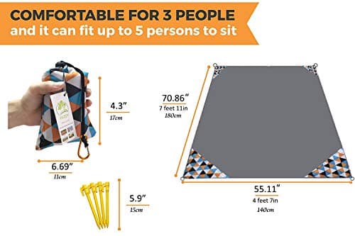 HZJOYUE Outdoor Picnic Blanket 71" x 55" -Compact, Lightweight, Pocket Blanket Best Mat for the Beach, Hiking, Travel, Camping, Festivals with Carabiner,Pockets, Loops, Stakes — view 3