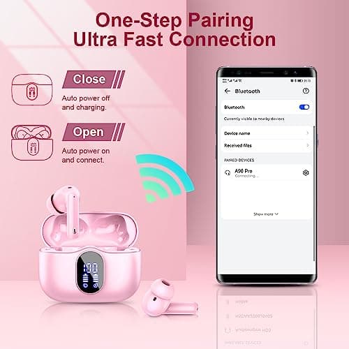 Wireless Earbuds, Bluetooth 5.4 Headphones In Ear with 4 ENC Noise Cancelling Mic, Bluetooth Earbuds Mini Deep Bass Stereo Sound, 36H Playtime LED Display Wireless Earphones IP7 Waterproof, Pink — view 5