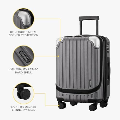 LEVEL8 Carry-on Suitcase 20-Inch with Laptop Compartment, Hand Luggage Case, ABS+PC Hardshell Spinner Trolley Lightweight 4 Wheels Cabin Size with TSA, Grey — view 5