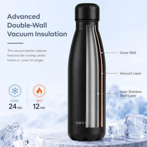 ORVELLA Stainless Steel Water Bottle with Vacuum Insulation 500ml - Black — view 5