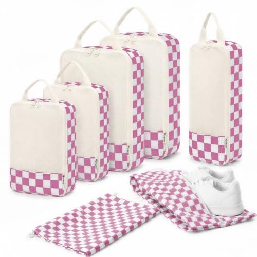Meowoo 7 Set Compression Packing Cubes for Suitcases, Checker Design