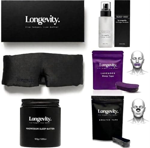 Longevity Sleep Kit Bundle – Silk Eye Mask, Sleep Mist (60ml), Magnesium Cream (100g), Mouth Tape (30) & Nasal Strips (30) – Night Routine Set for Relaxation & Improved Sleep