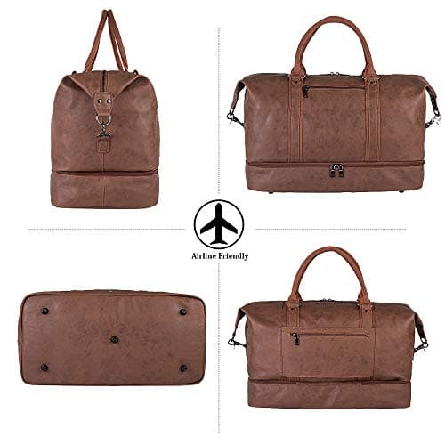 Travel Bag with Shoe Pouch,Weekender Overnight Bag Waterproof PU Leather Large Carry On Bag Travel Tote Duffel Bag for Men or Women,Brown — view 5