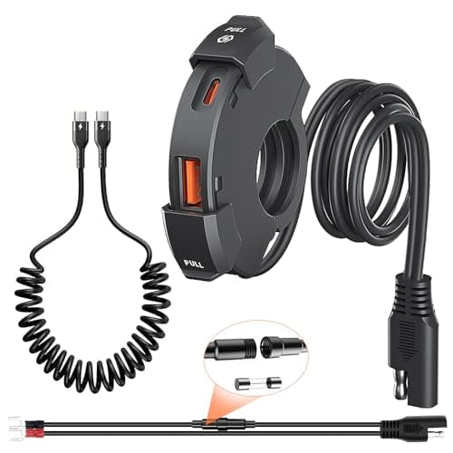 Motorcycle Charger 18W QC3.0 USB and 30W PD Type C Dual USB Port Waterproof Motorbike Phone Charger 12V USB Socket Adapter with 5A USB C to USB C Spring Cable Cable