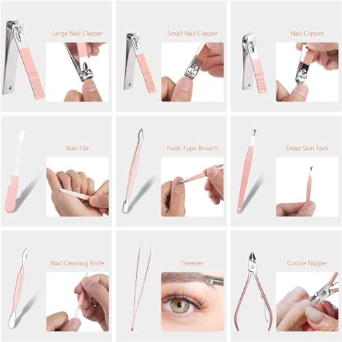 URAQT Nail Clippers, 18 pcs Manicure Pedicure Set, Nail Scissors Cuticle Remover for Men Women, Stainless Steel Nail Care Grooming Kit with Leather Case for Travel & Home — view 5