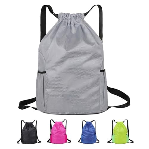 Toced Drawstring Bag, Unisex Large Sports Backpack String Drawstring PE Bags, Sport Gym Sack have Two Side Pockets, Travel Beach Swim School Bag with Waterproof (Grey)