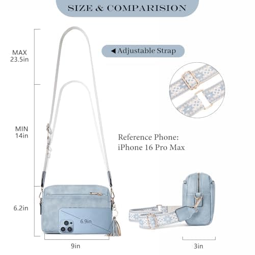 Roulens Small Crossbody Bag with 3 Zip Compartments,Vegan Leather Phone Bag for Women,Shoulder Bag with Adjustable and Removable Wide Strap — view 3