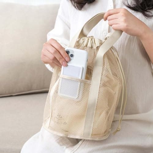 Mesh Shower Caddy Portable Hanging Bag with Drawstring & External Pocket, Sandproof Travel Beach Tote for Gym Camping Dorm College, Bathroom Toiletry Organizer for Men Women (Purple) — view 6