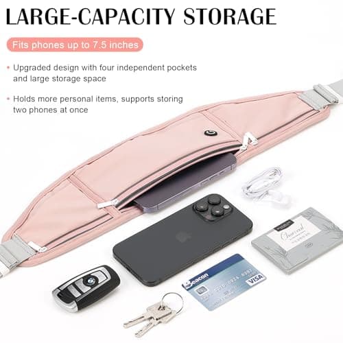Mayoii Double-Layer Design Running Belt for Women and Men Lightweight Running Waist Belt with Water Bottle Pocket,Multi-Pocket Phone Holder Running Pouch (1, B-Pink, One Size) — view 2