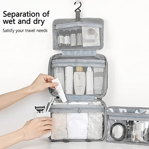 Hanging Travel Toiletry Bag for Women, Large Wash Bag with 4 Compartments, Waterproof Cosmetics Makeup Bags Organizer, Foldable Compact Size Travel Essentials for Business Trip, Vacation (Grey) — view 3