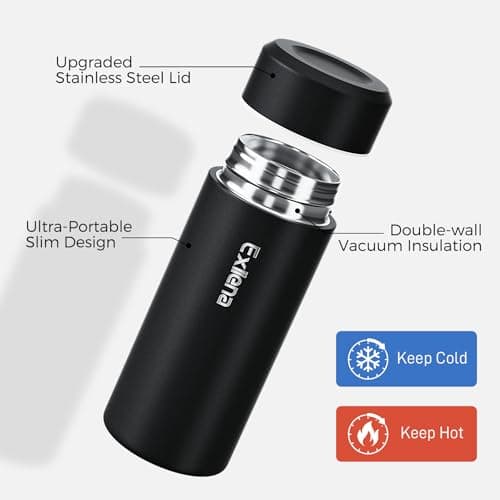 【Upgraded】 Exllena Small Water Bottle for Handbag – 250ml Small Flask for Hot & Cold Drinks, Perfect Small Insulated Water Bottle for Travel, Milk, Coffee... (Black) — view 3