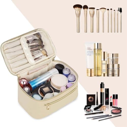 Travel Makeup Bag, Large PU Leather Cosmetic Case with Brush Compartment, Beige — view 6
