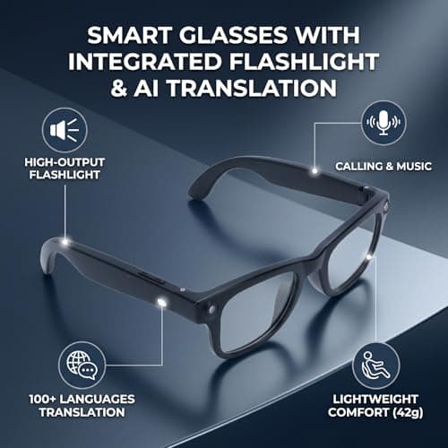 Plyisty AI Smart Glasses with Strong Flashlight and 100+ Languages Real Time Translation, Bluetooth Call Music Glasses with Immersive Audio, for Business Travel Outdoor Work — view 2
