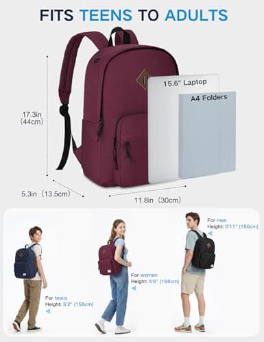 Kasgo 17.8L Lightweight School Backpack for Women Teens Girls, Wine Red — view 2