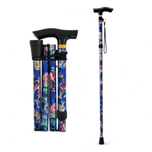 Folding Walking Stick Floral Print Lightweight Cane with T Handle Blue