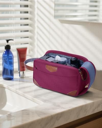 ECOHUB Toiletry Bag for Men, Water-Resistant Travel Wash Bag with Wet Pocket, Recycled Dopp Kit Shaving Bag Fit Full Size Toiletries, Wide-Open Dual Zipper Cosmetic Makeup Organizer, Red — view 2