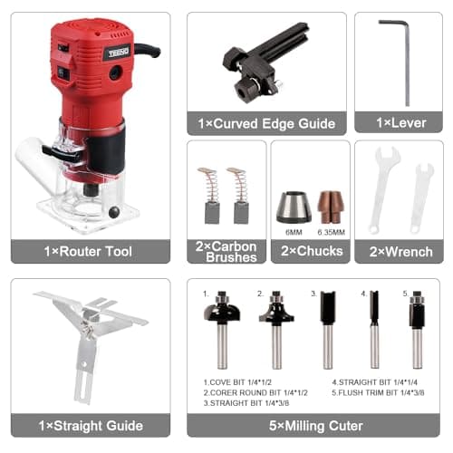 TEENO Compact Electric Hand Wood Trimmer 800W 15000-32000 RPM,with Dust Cover,6 Variable Speeds,Profession Router Trimmer with 5PCS 1/4" Shank Router Bits,Includes Base 6/6.35mm — view 5