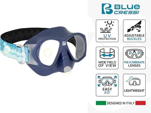 CRESSI since 1946 - Breezy Mask - Separate Polycarbonate Lenses and Soft TPR Face Mask Ideal Snorkelling Surface Swimming and Beach Holidays - Blue Navy Elastic Strap Coral Azure - One Size - Kid — view 3
