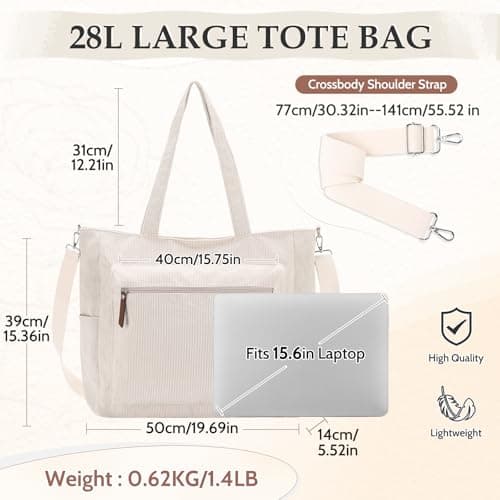 Kasgo Corduroy Tote Bag for Women, XXL 15.6" Laptop Work College Bag, Beige — view 2