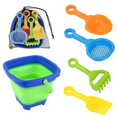 NQEUEPN 6pcs Beach Toys Set, Collapsible Bucket with 4 Shovels Sand Toys & Mesh Bag Foldable Portable Travel Beach Bucket Sand Toys for Kids Boys Girls Fun Summer Beach Party Activities (Blue)