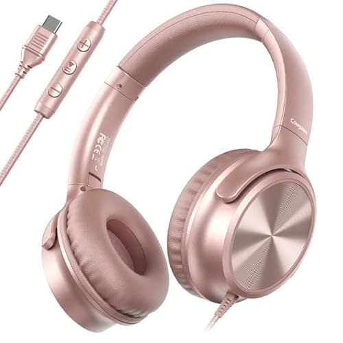 Cowyawn USB C Headphones Wired, Over Ear Headphones with Microphone, Volume Control, HD Stereo Sound, Foldable Lightweight Headphones for Adult/Teens/Chromebooks/Laptop/Computer/Tablets/Travel (Rose)