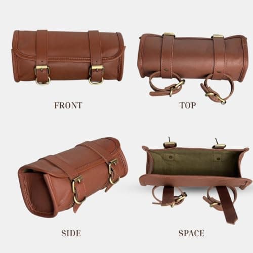 Genuine Goat Leather Vintage Motorcycle 2 Strap Buckle Closure Tool Brown Bag Quick Release Clasp Reinforced for Handlebars,Forks, Sissy Bar - 10" Christmas New Year Gift Idea — view 2