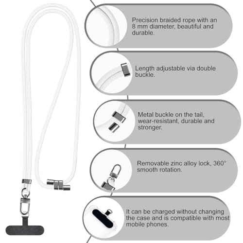 GanYesin Universal Phone Lanyard with 4 Patches, Adjustable Nylon Phone Strap for Men & Women Compatible with Most Phones, Key Lanyard and more for Outdoor Activities, Travel (White) — view 3