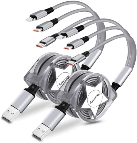 Amuvec 2 Pack 3 in 1 Retractable Charger Cable, 3A Fast Charge Grey Cord 1M