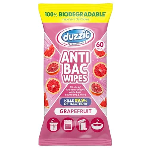 Duzzit Antibacterial Wipes - Kills 99.9% of Bacteria | 100% Biodegradable - Made From Plant Fibres | Anti Bac Wipe for Kitchen Surfaces, Waste Bins, Bathrooms & More (60 Wipes, Grapefruit)