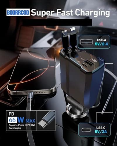 Retractable Car Charger, 4 in 1 Fast Car Charging USB c,Road Trip Essentials,Travel Essentials Gifts for Women Men, Car Accessories for iPhone 16 15 14 13 12, for Samsung, Black (C01) — view 2