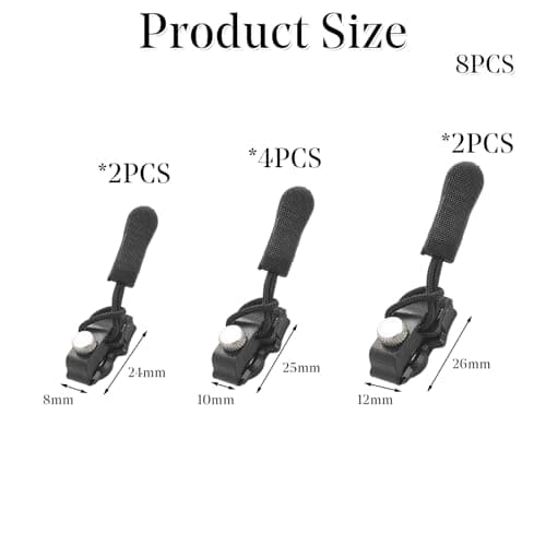 8Pcs Zipper Repair Kit – Universal Zip Slide Replacement with 3 Sizes for Backpacks, Luggage, Jackets & Coats (Black) — view 2