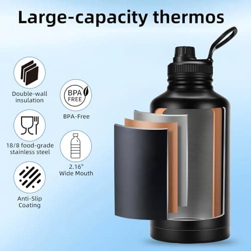 FOLAI Insulated 2 Litre Stainless Steel Water Bottle with Straw Lid and Flex,Adult Large Drinks Bottle,Large Gym Sports Metal Drinking Flask,for Outdoor, Hiking, Riding, and Gift Giving（Black） — view 6