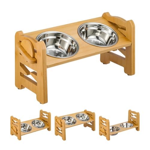 BREEZENEST Raised Dog Bowl 6-Level Adjustable Height, Bamboo Elevated Dog Bowls with Stand 15° Tilt, 2 Stainless Steel Pet Bowl, Anti-Slip Foldable Dog Feeding Station for Small Medium Dogs & Cats