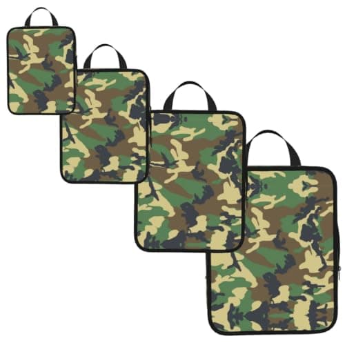 Green Military Camo Print Compression Packing Cubes 4-Piece Set With Multi- Compartment Travel Bag, Waterproof Suitcase Organiser Bags — view 2