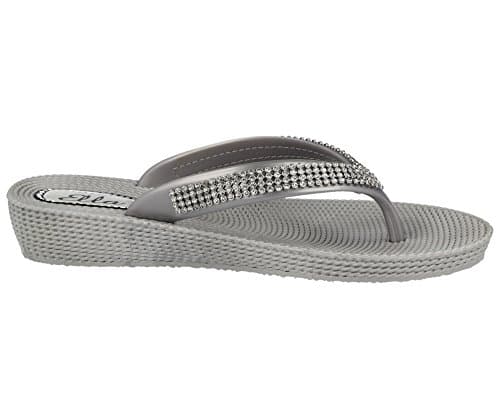 ella Ladies S1 Diamante Toe Post Flat Low Wedge Jelly Flip Flop Summer Sandals Size 3-8 (UK 5, Silver) — view 4