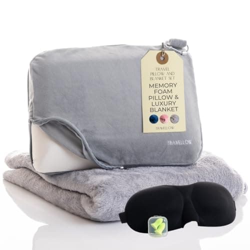 Travellow Travel Pillow and Blanket Set - 4-in-1 Ultimate Travel Kit with Memory Foam Pillow, Travel Blanket, Sleep Mask, and Earplugs-Ultimate Comfort and Coziness for Your Journeys - Grey