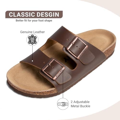 FITORY Mens Leather Sandals, Cork Footbed Slides for Summer Brown Size 11.5 — view 3