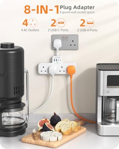 Multi Plug Extension Socket with 4 USB (2 Type C), ANVODE 4 Way Plug Adaptor with Short Cable, Adapter Plug UK Turn 1 to 8, Short Extension Lead Power Strip for Bedroom, Office, Kitchen. White — view 2