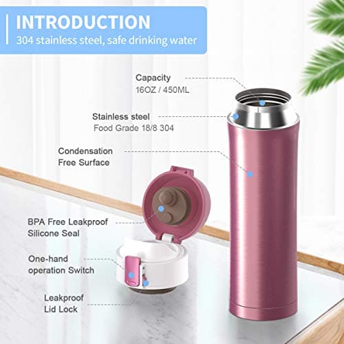 JUMKEET Double Walled Vacuum Cup Flask Thermo,Stainless Steel Insulated Water Bottle | Flask for Hot and Cold Drinks Cup Travel Coffee Mug, Sports Water Bottle (A-Pink) — view 5