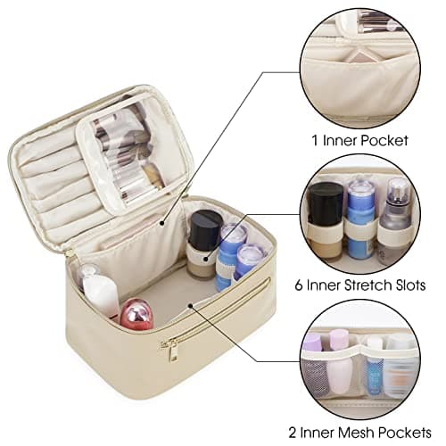 Travel Makeup Bag, Large PU Leather Cosmetic Case with Brush Compartment, Beige — view 4