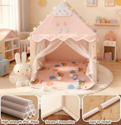 Kids Tent Play House with Lights, Kids Play Tent with Multi-Coloured Ball Lights & Tote Bag & Flags & Clouds, Indoor Outdoor Princess Tents Toddlers Playhouse for Girls Boys Birthday Gifts(Pink) — view 2
