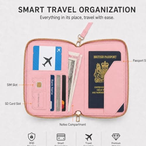 ILIYAH RFID Passport Wallet Holder - PU Leather Travel Document Organiser with Zipper Wrist Strap Card Coin SIM Slots for Men Women Family Trips (Deep Pink) — view 3