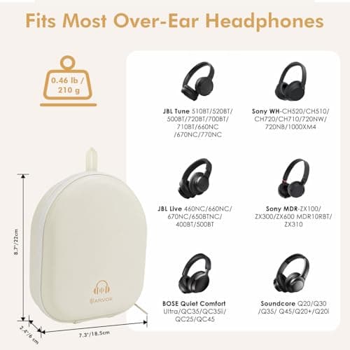 ARVOK Headphone Case Super-Slim PU Hard Shell for Sony/JBL/Bose/Soundcore Anker/BERIBES/KVIDIO/TOZO/JLab Over-Ear Headphones, Universal Travel Portable Bag with Adhesive Hook,Beige — view 2