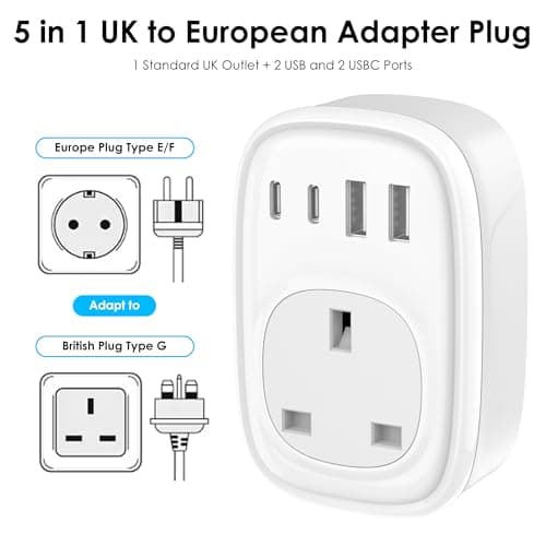 UK to European Plug Adapter - UK to EU Euro Europe Schuko 40W USB C Fast Travel Plug Adaptor Grounded USBC Type C Charger for Spain Turkey France Germany Iceland Poland Greece Russia (Type E/F)Tusreda — view 2