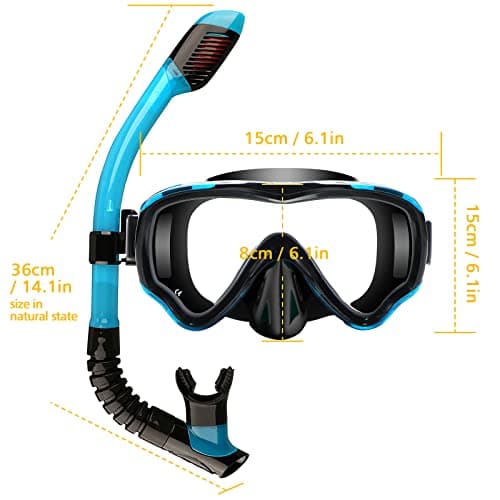 HIKOTEY Children's Snorkel Set,Panoramic Wide View Diving Mask,Snorkeling Gear Anti-Leak and Anti-Fog Tempered Glass Lens,Dry Snorkel Tube,Includes Earplugs and Nose Clip for Age 4-16 Years(Blue+Black — view 6