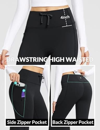 baleaf Women's Fleece Lined Yoga Pants Thermal Flared Leggings with 4 Pockets Drawstring High Waisted Bootcut Legging Black L — view 4