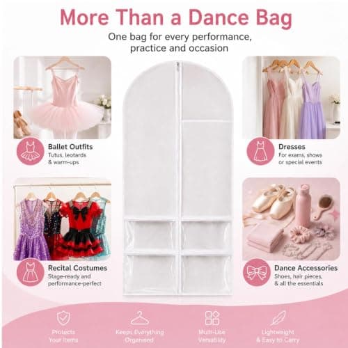 2 Pcs Dance Costume Bag, 60×120cm Foldable Dress Bag with Zipper Pockets, Clothes Covers Protector Bags, Waterproof Garment Bags for Hanging Clothes, Travel Suit Cover for Dancers Competitions, White — view 6
